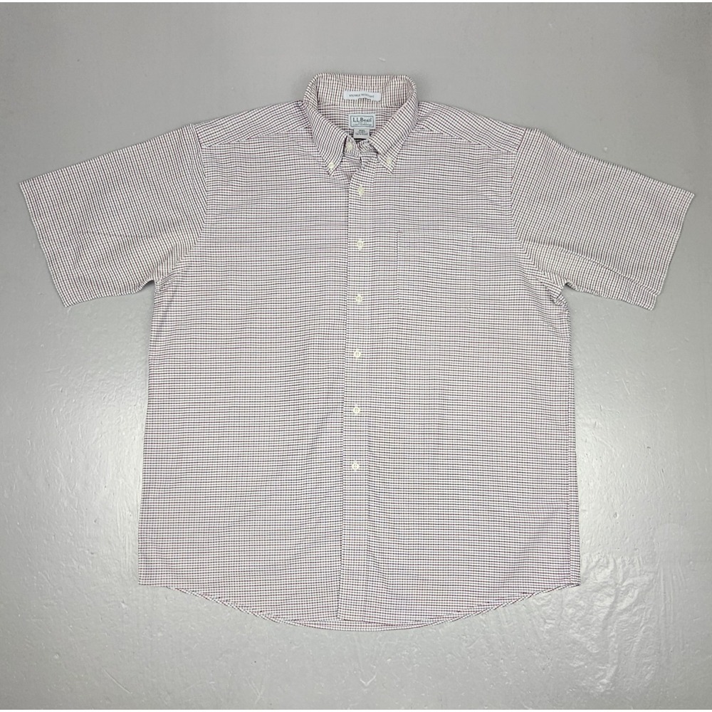 LL Bean Button Down Shirt Mens 17 (XL) Tan Plaid Wrinkle Resistant Short Sleeve
